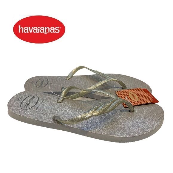 NEW with Tag Havaianas Fantasia Gloss Sparkly Silver Ice Grey Flip Flops Sandals - Picture 2 of 4
